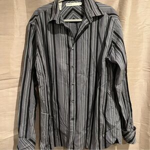 Perry Ellis Black Grey Stripe Button Down French Cuff